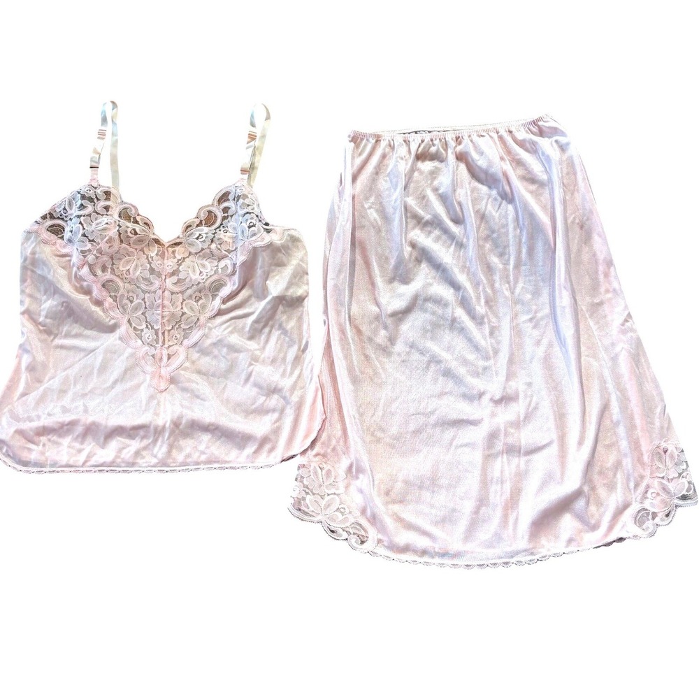 Vintage 80s Sears Pink Lace Camisole and Half Slip Set Made in USA Small